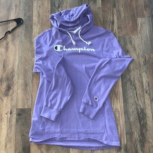 purple champion hoodie, fits like a shirt, with drawstring hoodie